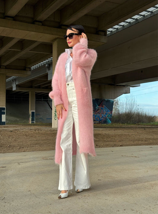 Gilet long mohair baby pink