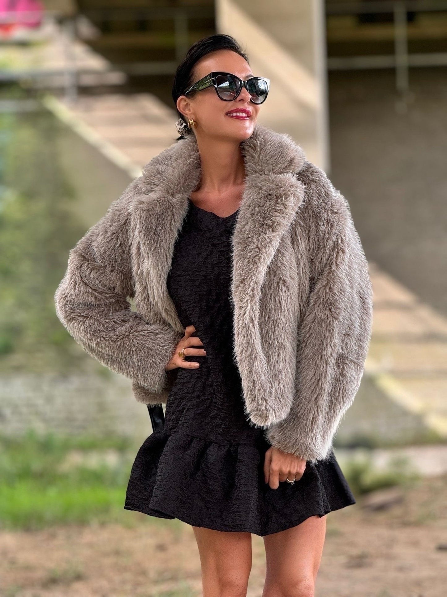 Biker faux fur grigio