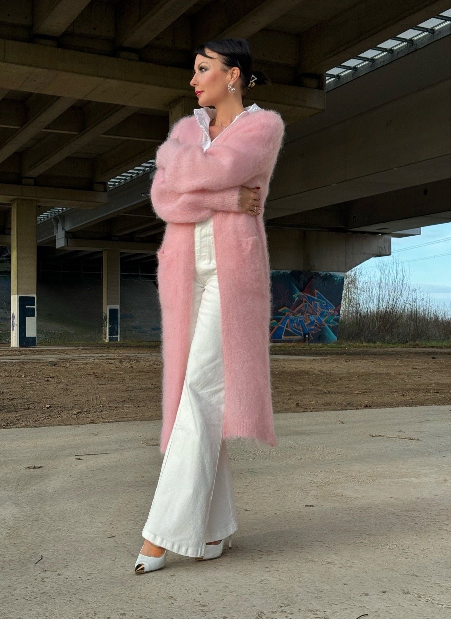 Gilet long mohair baby pink