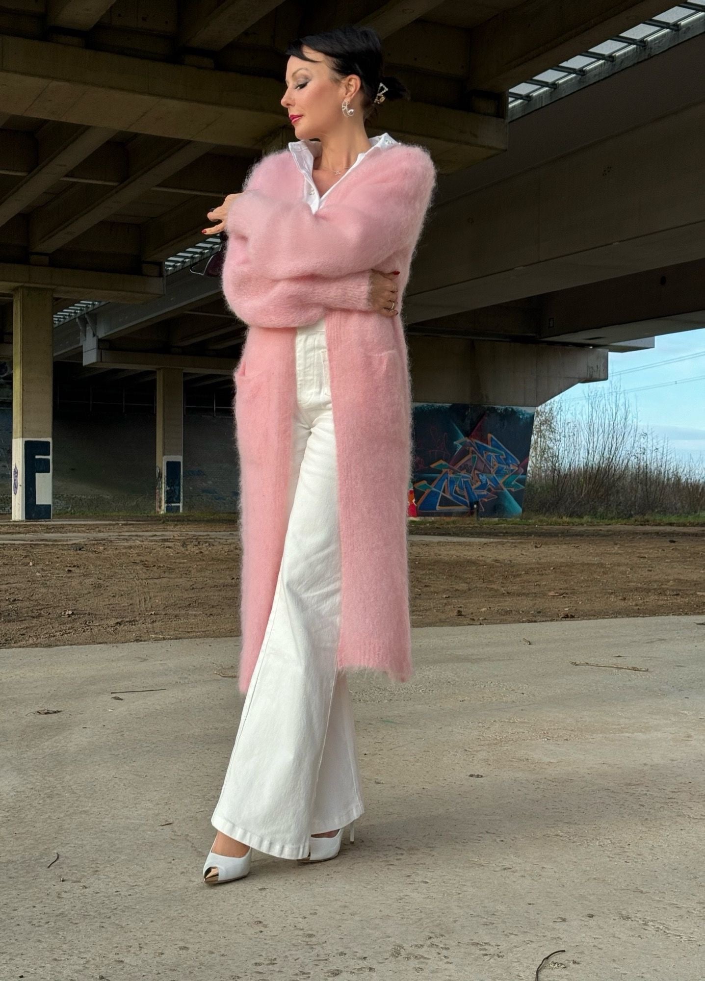 Gilet long mohair baby pink