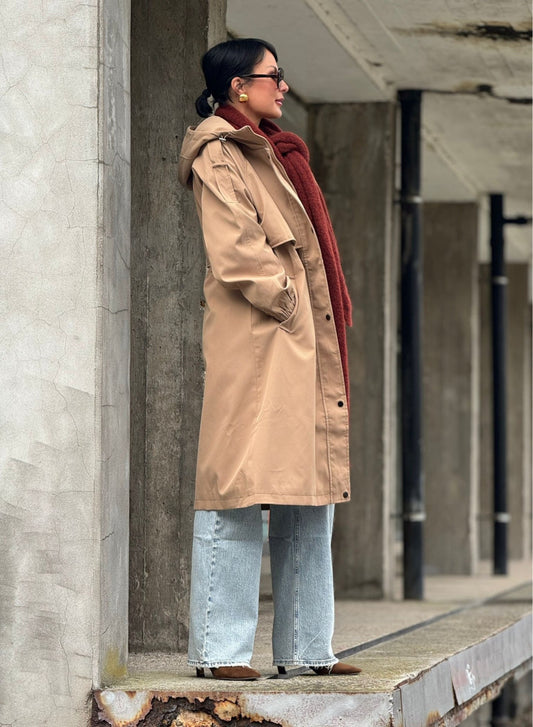 Coat rain long camel