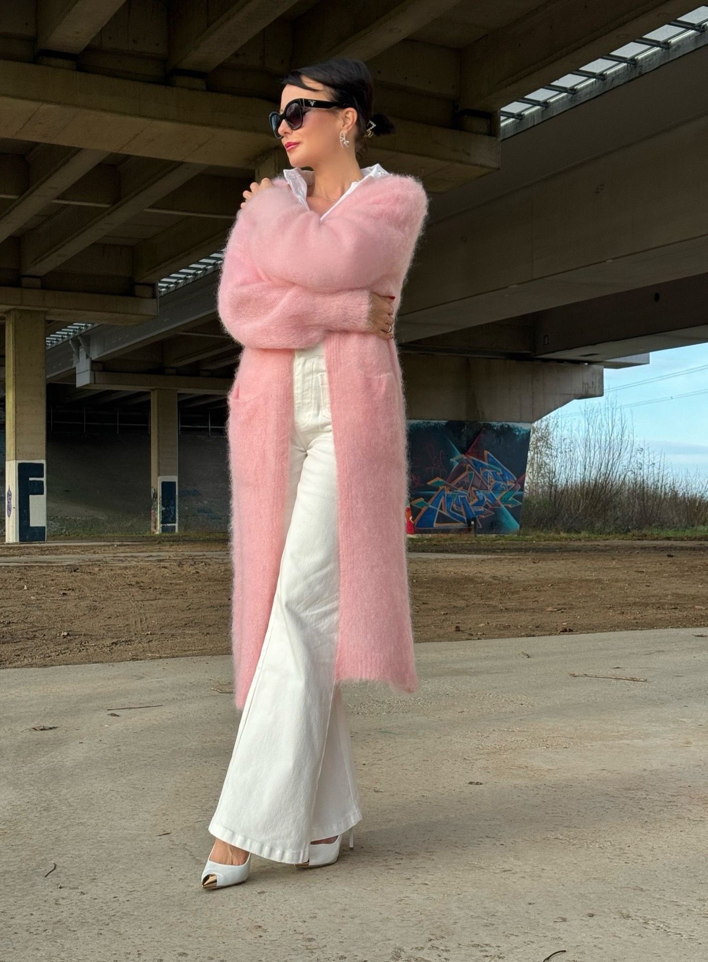 Gilet long mohair baby pink